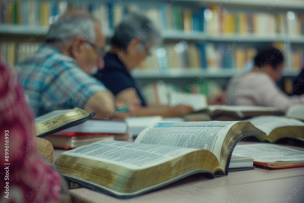 Poster a group of elderly people studies foreign languages together, using textbooks and dictionaries at a 
