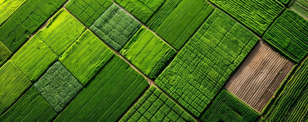 Aerial view of green farm fields with geometric pattern.