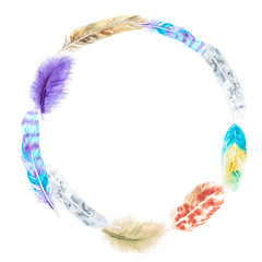Colorful round frame made of multicolored feathers, watercolor illustration hand drawing.