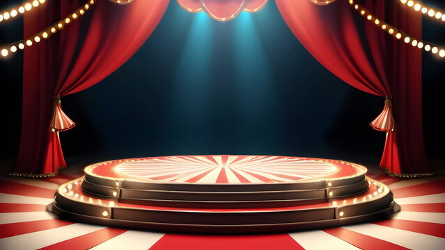 Circus platform stage podium tent theater arena sign vintage spotlight circle stand bulb ringmaster ring cirque cartoon party cinema. Circus stage podium background 3D carnival light red show curtain