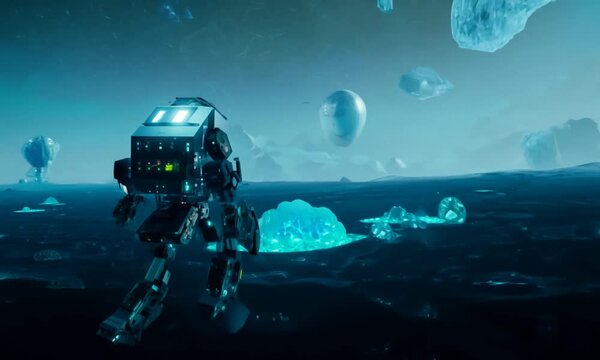 "Produce a 10-second animation of a robot exploring an alien planet." Video 4K
