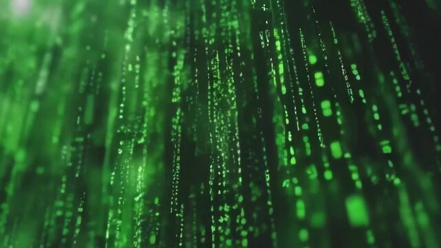 Abstract green binary code streaming down on black background. Slow motion 4k video.