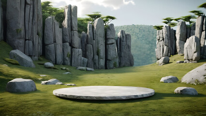 Stone round rock podium display  green gray stand abstract wild nature space stage mockup cosmetic outdoor empty scene. Rock podium stone forest background product 3D platform pedestal flat