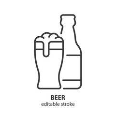 Glass of beer with bottle line icon. Alcoholic drink vector symbol. Editable stroke.