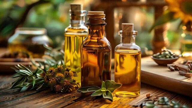 Olive oil, sunflower oil, sesame oil, carrier oils still life