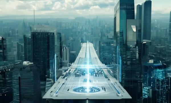 "Produce a 10-second animation of a futuristic robot city." 
