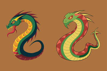 Vibrant Serpent Illustrations - Majestic Mythical Creatures in Striking Colors.