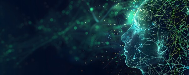 Side view of a humanoid head with blue and yellow eyes and vibrant neon neural network, representing futuristic technology and artificial intelligence.