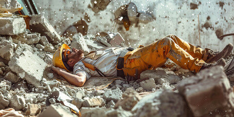 A worker injured on a construction site, calling for help as they lie immobilized on a heap of debris.