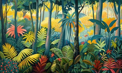 Colorful Jungle Scene with Dense Vegetation