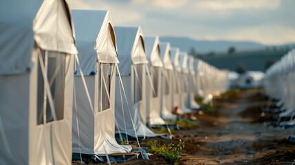 Row of new, white, prefabricated houses on a dirt road in a developing country.