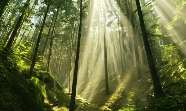 "a forest with sunlight filtering through the trees."