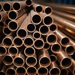 Copper bronze heat exchanger pipes. Heavy non-ferrous metallurgy. Factory industrial production of metal cuprum pipes. Heat exchanger is a technical device in which heat is exchanged between two media