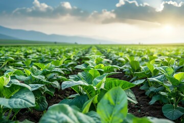 Green spinach field at sunset with cloudy sky and mountains in the background.