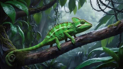 Fototapeta premium a breathtakingly realistic illustration of a solitary, vibrant green chameleon perched on a weathered, moss-covered tree branch, set amidst the lush, emerald canopy of the core jungle during the rainy