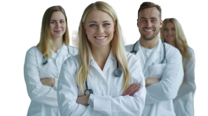 Smiling Medical Team of Professionals in White Lab Coats at a Bright Healthcare Facility