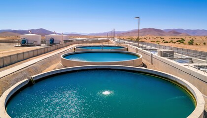 Water treatment plant with circular tanks and clear blue water.