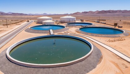 Aerial view of a water treatment plant in a desert environment.