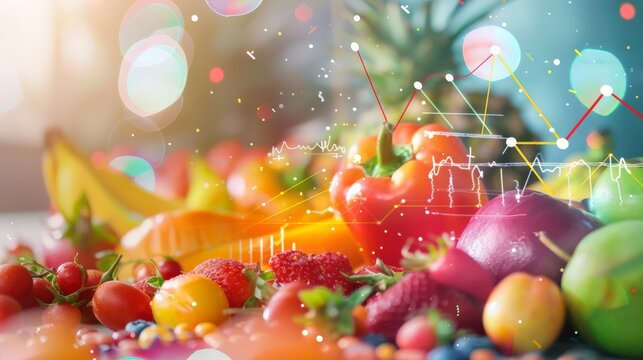 Variety of fresh fruits and vegetables with digital overlay. Nutrition, healthy eating, and technology integration.