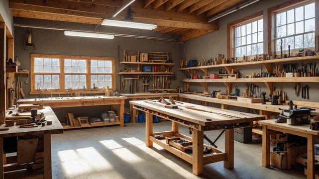 Sunlit Woodworking Workshop with Organized Tools and Rustic Charm