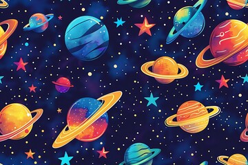 design with lively artwork depicting celestial bodies, cosmic elements and whimsical space motifs, ideal for textile prints, gift wrap and book covers.