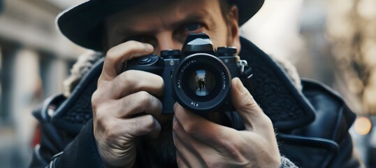 Obraz premium Portrait of man taking picture with camera at mirror, photographer self portrait, Professional Photografer makeing selfie at mirror