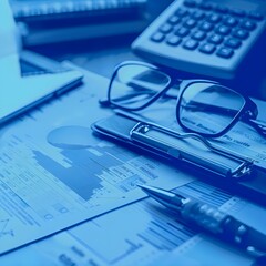 A well-organized workplace featuring a computer, blueprints, and glasses, illuminated by blue light.