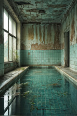 A haunting testament to the fleeting nature of time. This abandoned pool, with its cracked tiles and encroaching vegetation, evokes a sense of nostalgia and invites contemplation of the. generative AI