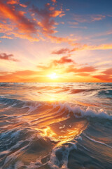 Experience the ultimate relaxation with this stunning beachscape. Golden hour casts a magical glow over the desert island, as the ocean's rhythm and vibrant colors transport you to a pe. generative AI