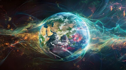 A complex and colorful digital globe enveloped in layers of data streams, representing the vast and intricate network of global digital communications.

