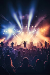 Feel the energy of the crowd as thousands of fans come together for an unforgettable concert experience. Silhouetted against a dazzling stage, this image captures the pure joy of live m. generative AI