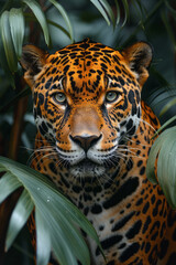 Obraz premium A majestic jaguar prowling through the dense foliage of an exotic jungle, showcasing its stunning coat,