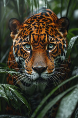 Obraz premium A majestic jaguar prowling through the dense foliage of an exotic jungle, showcasing its stunning coat,