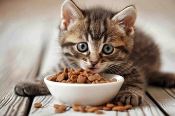A small, brown tabby kitten with blue eyes sits beside a bowl of dry kibble, looking intently at the food with its tongue slightly out
