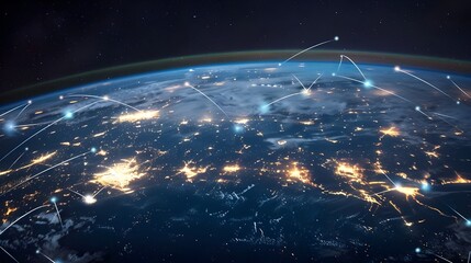 Night view of Earth from space with a network of glowing white and blue data lines connecting various points across the globe, representing global data and communication networks.


