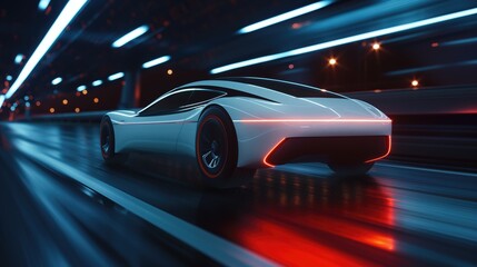 A sleek white sports car with red taillights zips through a tunnel illuminated by vibrant blue neon lights. The blur of motion creates a sense of speed and energy