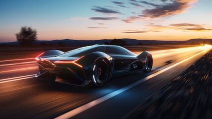 Fototapeta premium A black sports car speeds down a winding road as the sun sets behind it, casting a golden glow on the sky