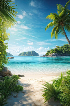 paradise with this stunning panoramic view of a pristine tropical beach. Crystal-clear turquoise waters meet soft white sands under a vibrant blue sky, creating a picture-perfect getawa. generative AI