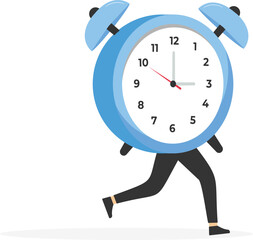 Funny funky guy clock instead of body. 24-7 support service, working hours. Flat vector illustration.

