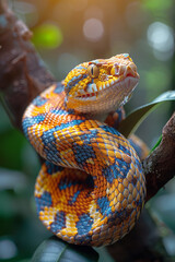 Fototapeta premium A sleek snake coiled around a branch in an exotic jungle, its scales glistening in the dappled sunlight,