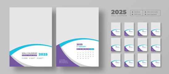 2025 wall calendar template, week starts Monday, set of 12 months, 12 pages