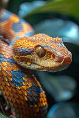 Fototapeta premium A sleek snake coiled around a branch in an exotic jungle, its scales glistening in the dappled sunlight,