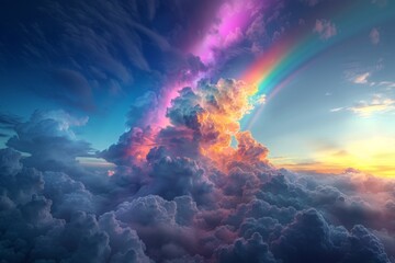 Naklejka premium Rainbow among the clouds in the sky. Magic sky.