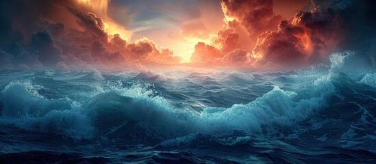 Fototapeta premium Dramatic Seascape with Red Sunset Clouds