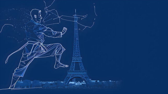 Minimalist Taekwondo Fighter: Simple lines forming a taekwondo fighter kicking with the Eiffel Tower in the background on a blue background.


