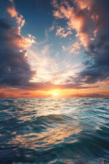 Obraz premium Serenity found. A breathtaking scene of calm waters meeting a vibrant sunset sky. Soft clouds paint the horizon in hues of pink and orange, creating a tranquil and inspiring atmosphere. generative AI