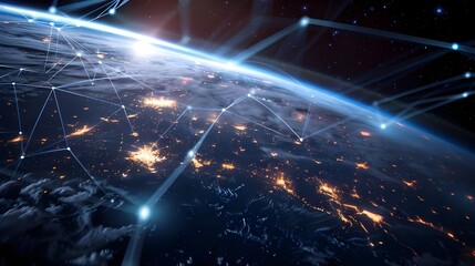 Futuristic network visualization showing interconnected blue and white data lines over a digital globe, emphasizing a high-tech global data network that spans the planet, highlighted by glowing nodes 