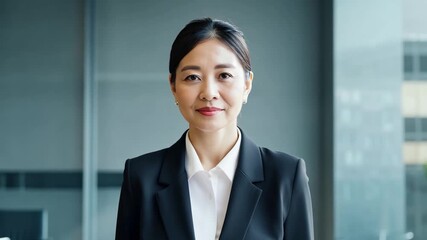 A woman in a black suit and white shirt looks confidently at the camera in a modern office.