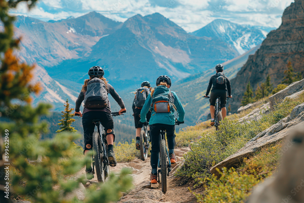 Wall mural adventurous mountain biking with friends