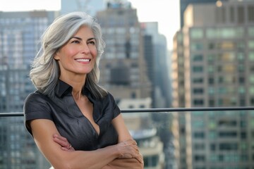Fototapeta premium Empowered older woman in city smiling confidently.